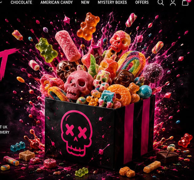 Colourful sweets bursting from a black and pink Candy Cult box